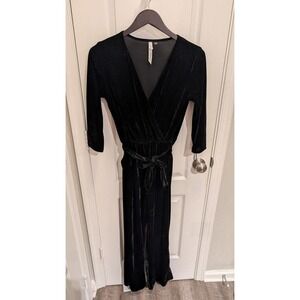 NY Collection Faux Wrap Velvet Jumpsuit Black Womens Size Petite Medium
